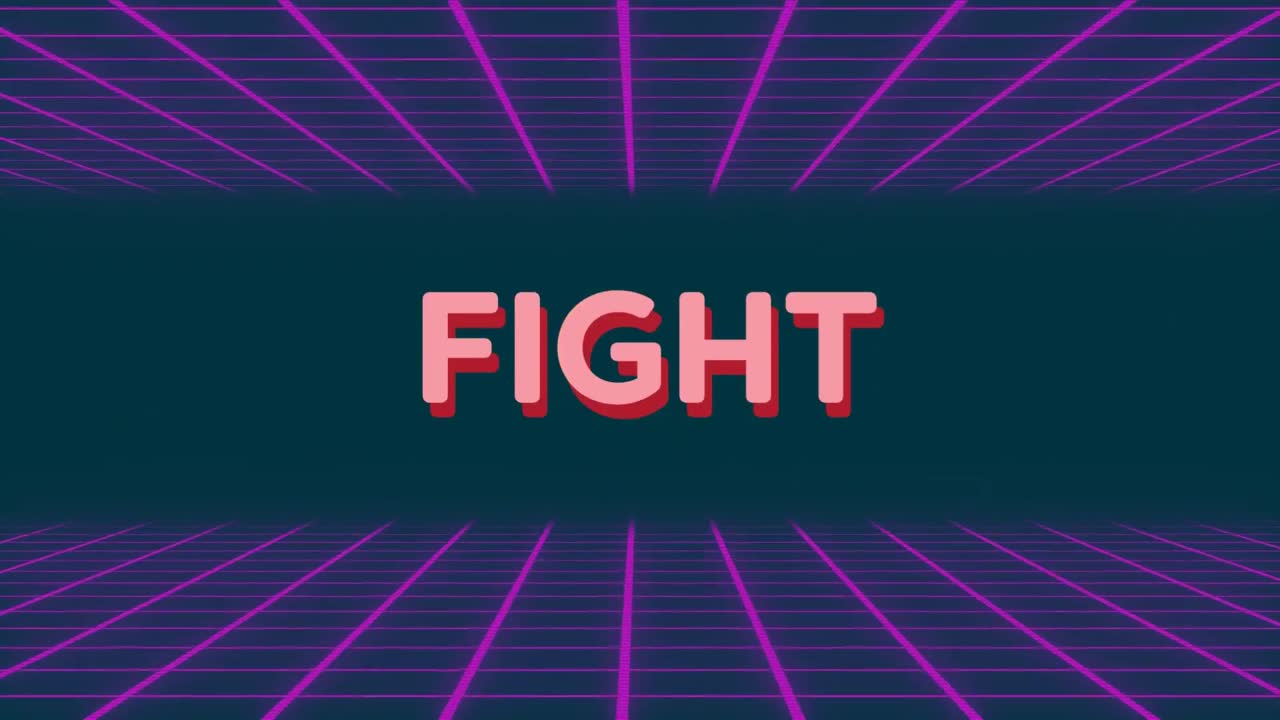 animación digital de texto de lucha y formas abstractas contra la red de cuadrícula brillante sobre fondo negro