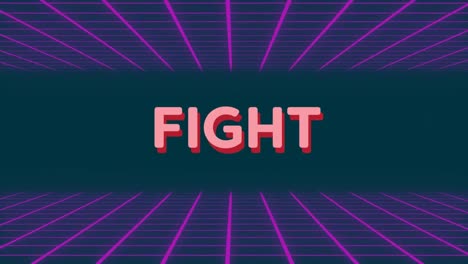 Digital-animation-of-fight-text-and-abstract-shapes-against-glowing-grid-network-on-black-background