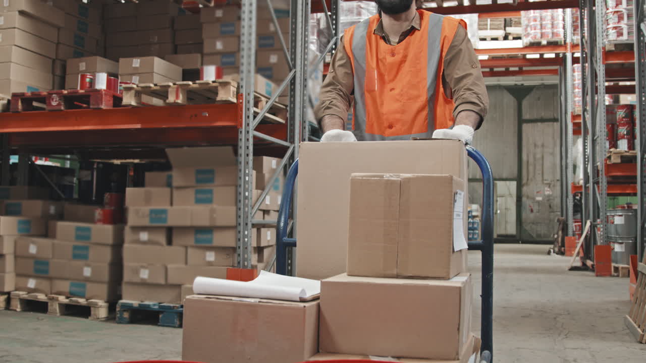 Worker Pushing Cart and Walking in Warehouse