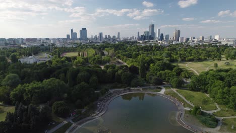 Warsaw-skyscrapers-in-horizon,-aerial-drone-view