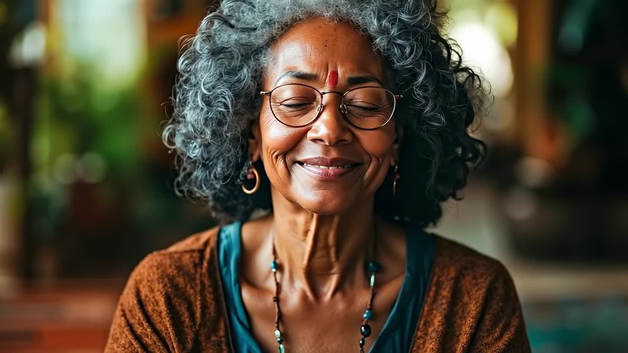 A woman with grey hair and glasses smiles at the camera