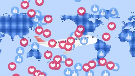 Animation-of-airplane-and-love-and-like-social-media-icons-flying-over-world-map