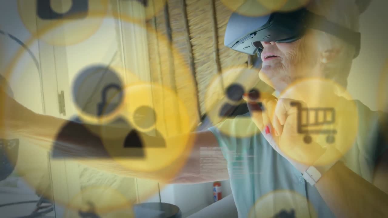 icono amarillo con una mujer mayor que usa auriculares vr