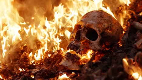 a human skull in a fire with flames in the background