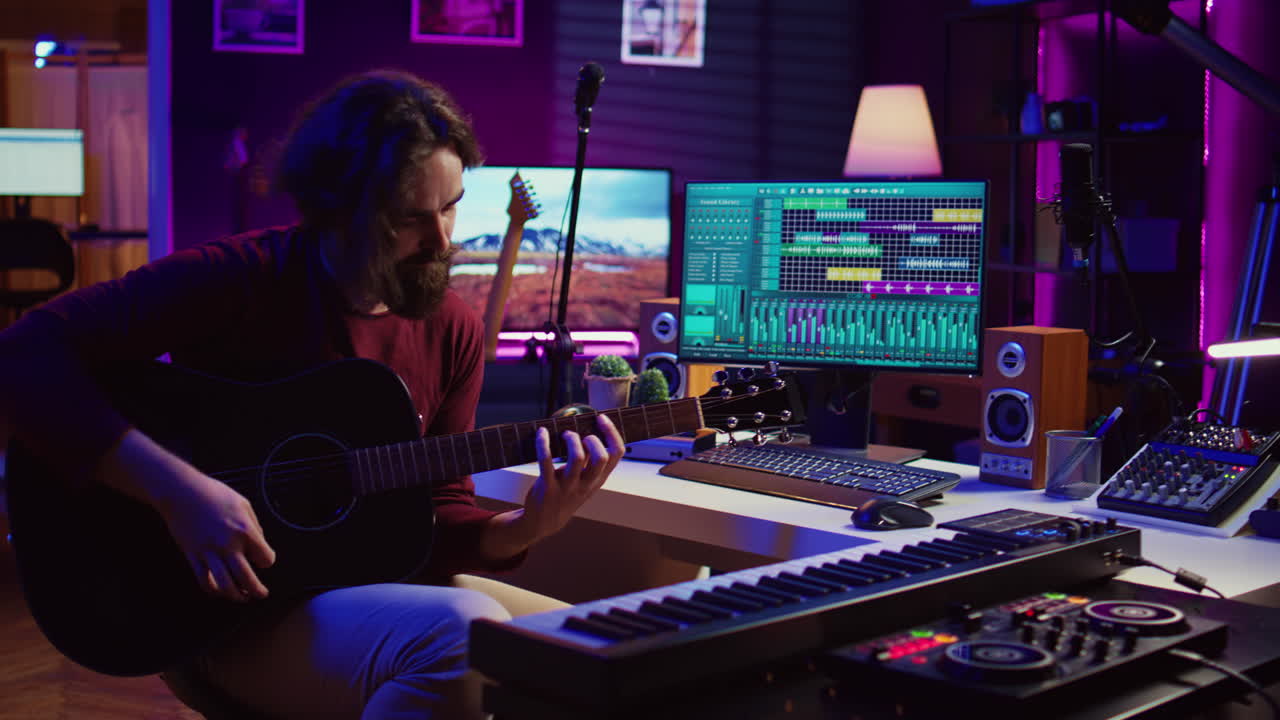 Young man playing guitar and creating music using equalizer daw software