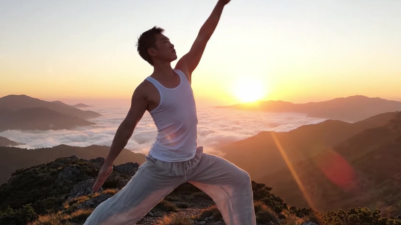 Yoga del Guerriero Sereno praticato da un uomo tranquillo sulla cima di una montagna all'alba, che domina un mare di nuvole, abbracciando la pace e la quiete della natura.