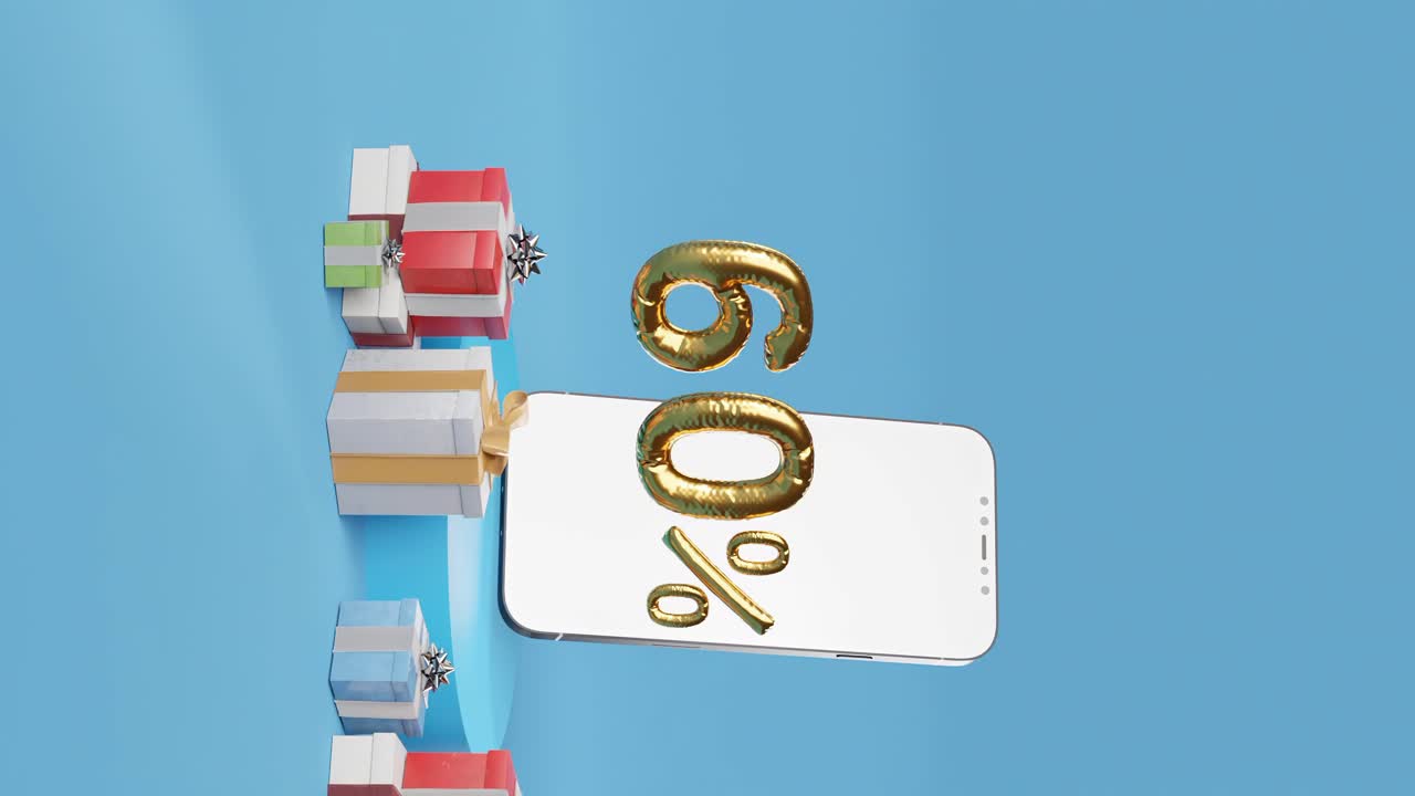 teléfono inteligente que muestra dorado 60 % al lado de cajas de regalos variadas sobre fondo azul vertical