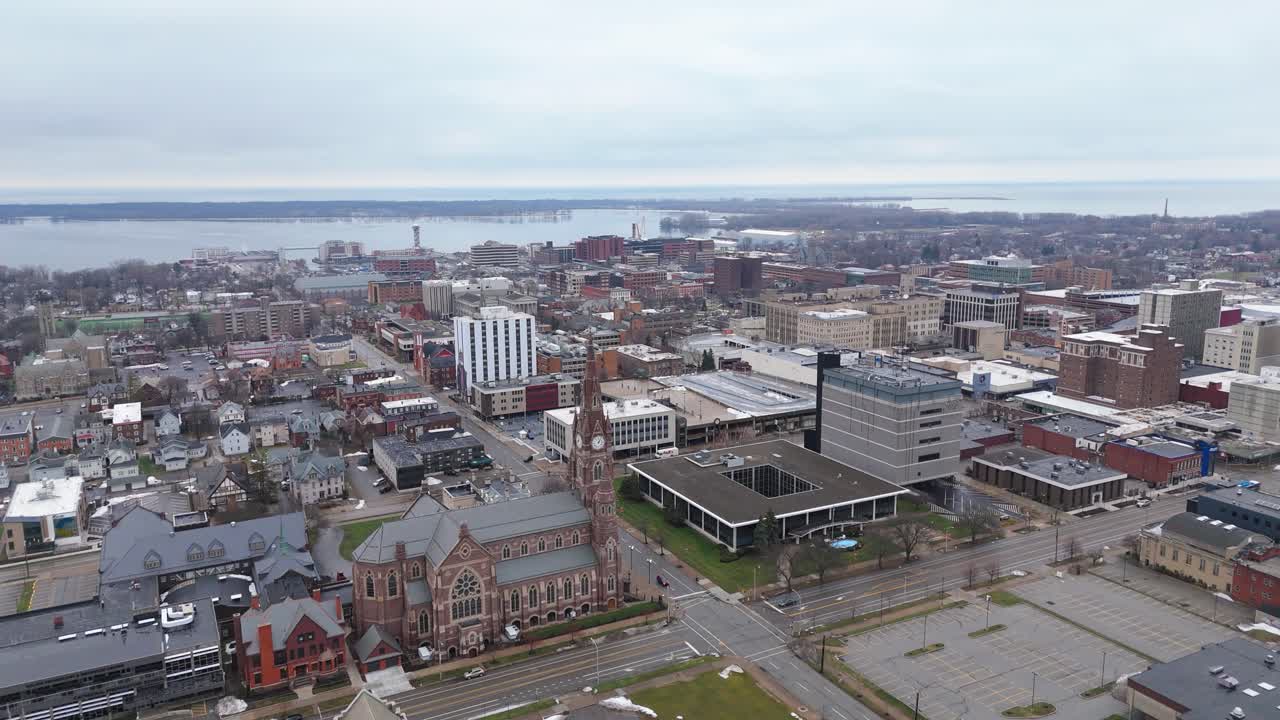 Static aerial of Erie's Bayfront in the winter.