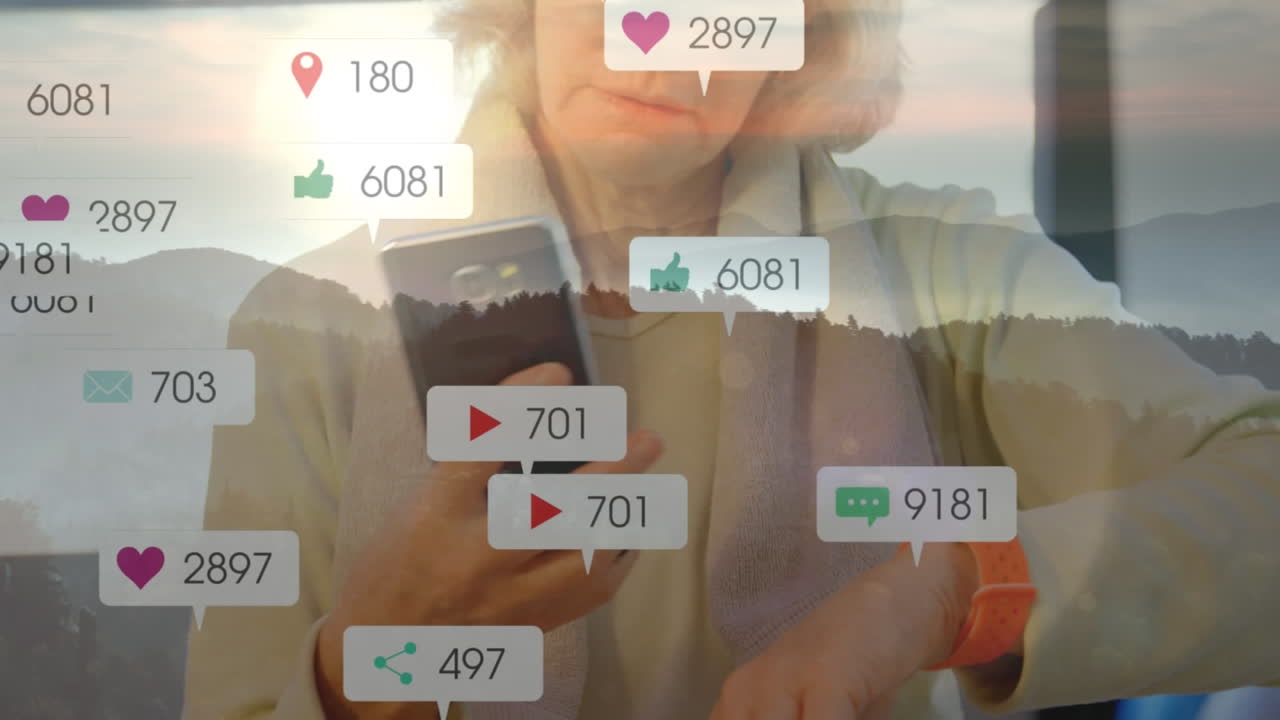 스마트 폰을 사용하는 고령 여성보다 더 많은 수의 디지털 아이콘이 도시 풍경에 대항합니다.