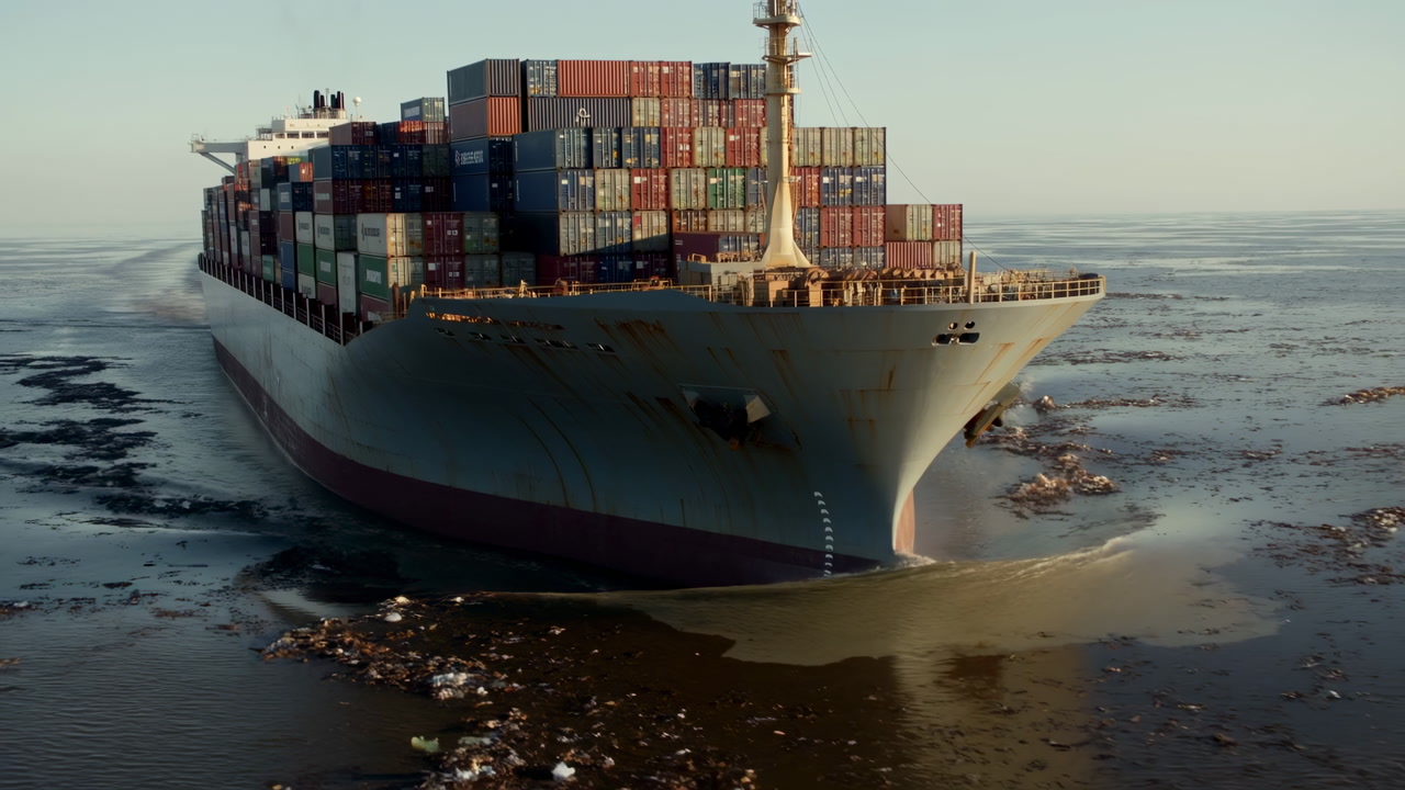 Massive Container Ship Crossing Polluted Ocean At Sunrise, Bow Slicing Through Debrisstrewn Water, Stacked
