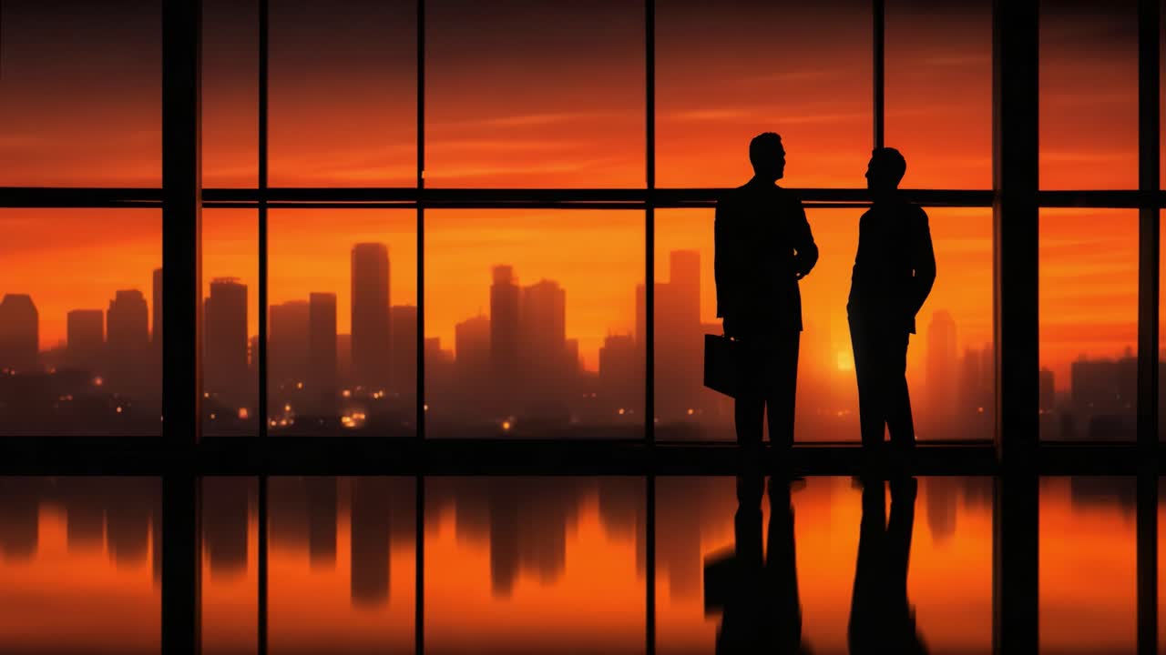 Siluetas de figuras conversando con una impresionante vista del atardecer sobre el horizonte de una ciudad, capturando la esencia del networking profesional y la ambición