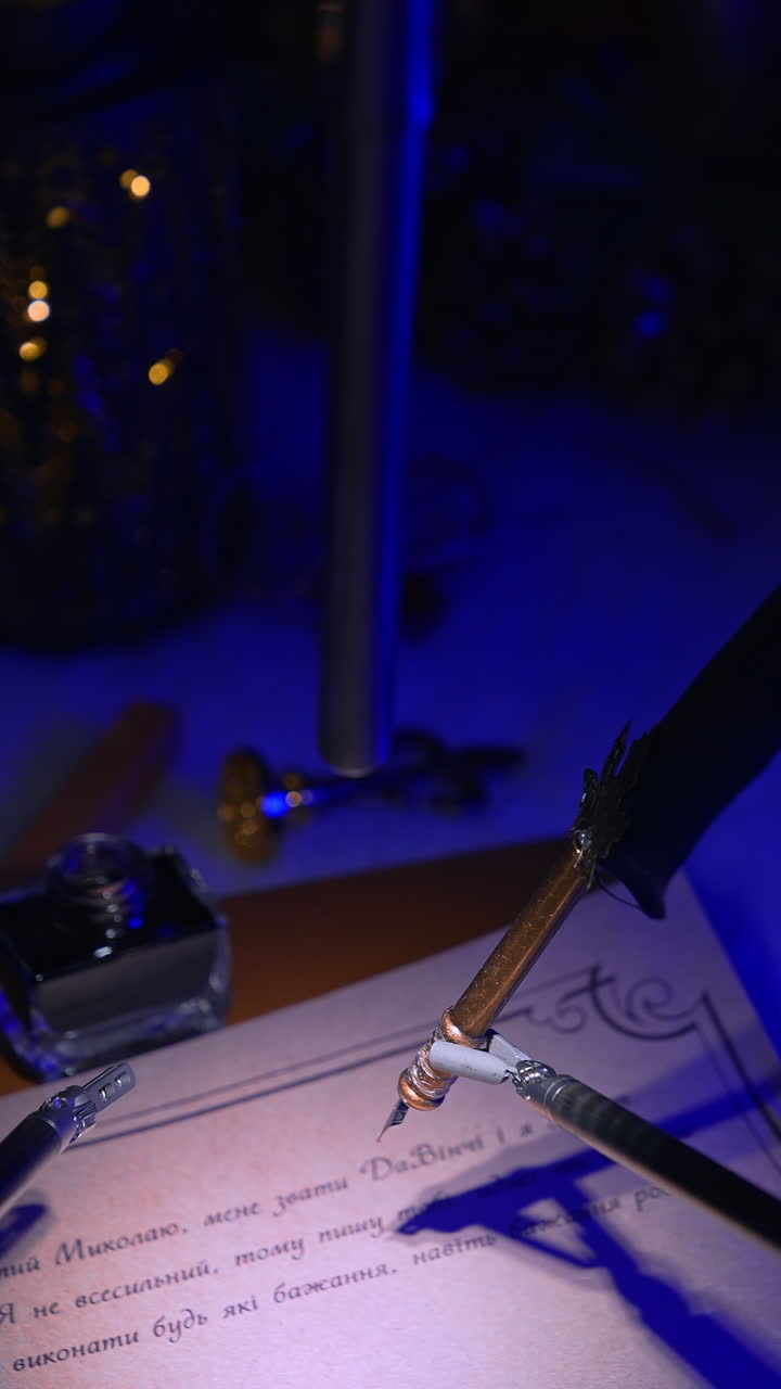 Delicate high-precise robotic forceps holding old-fashioned writing pen over the paper. Christmas decorations at backdrop in dark surgery room. Vertical video