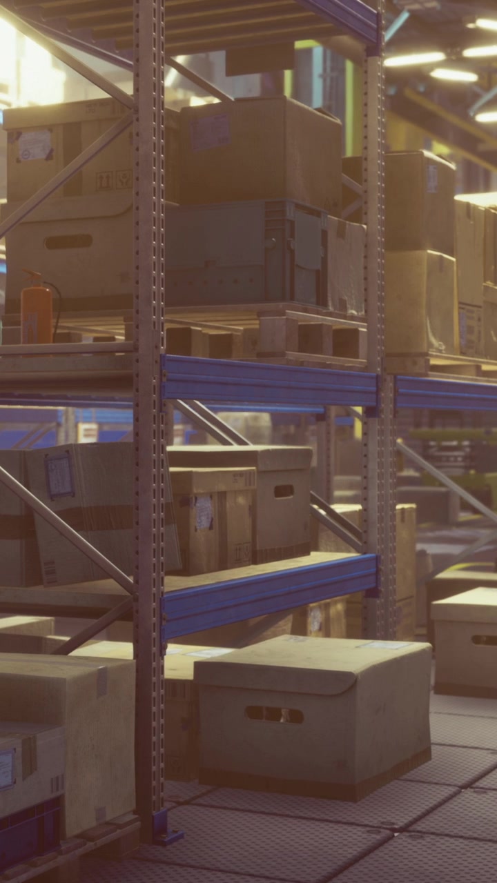 Boxes stacked in a storage area during daylight hours in a warehouse setting