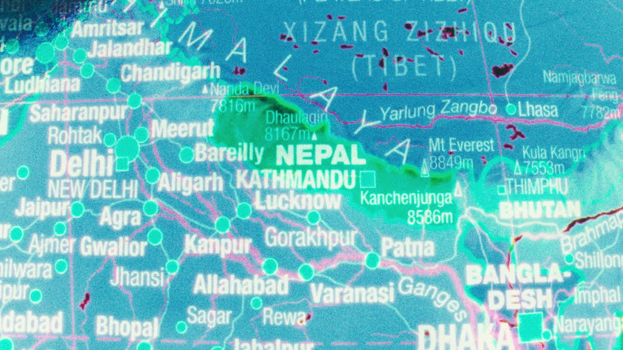 Close-up view of a map showing Nepal and surrounding South Asian countries