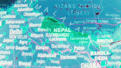 close-up view of a map showing nepal and surrounding south asian countries