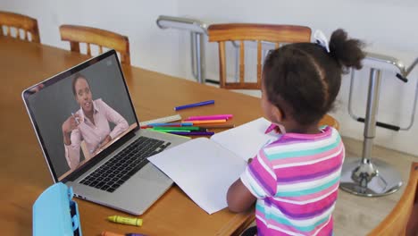 African-american-girl-doing-homework-while-having-video-call-with-female-teacher-on-laptop-at-home