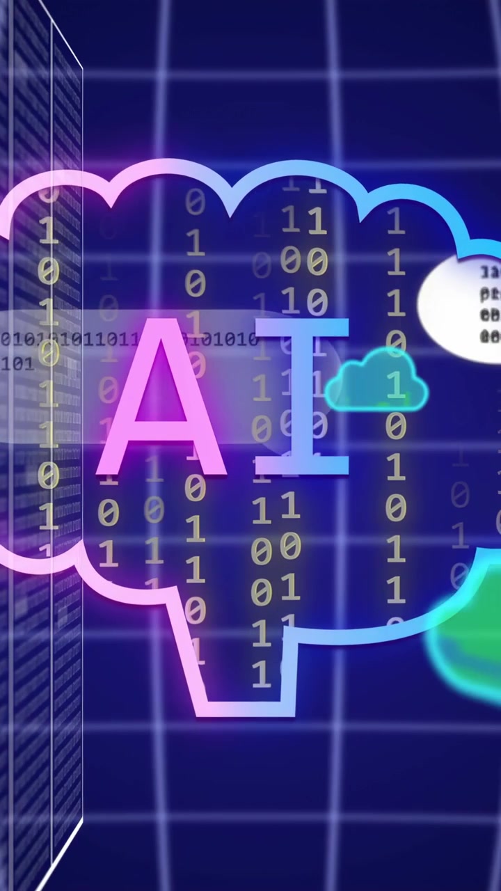 Vertical video: Neon AI cloud appearing, clouds floating, binary falling, showing data on grid