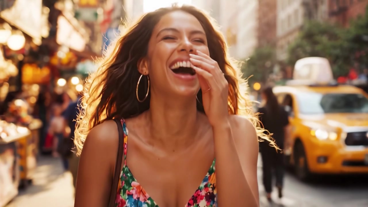 Joie Éclatante en Ville : Capturer l'Essence du Bonheur alors qu'une Jeune Femme Marche avec Confiance dans une Scène Urbaine Animée, entre Couleurs Vibrantes et Souvenirs Impérissables.