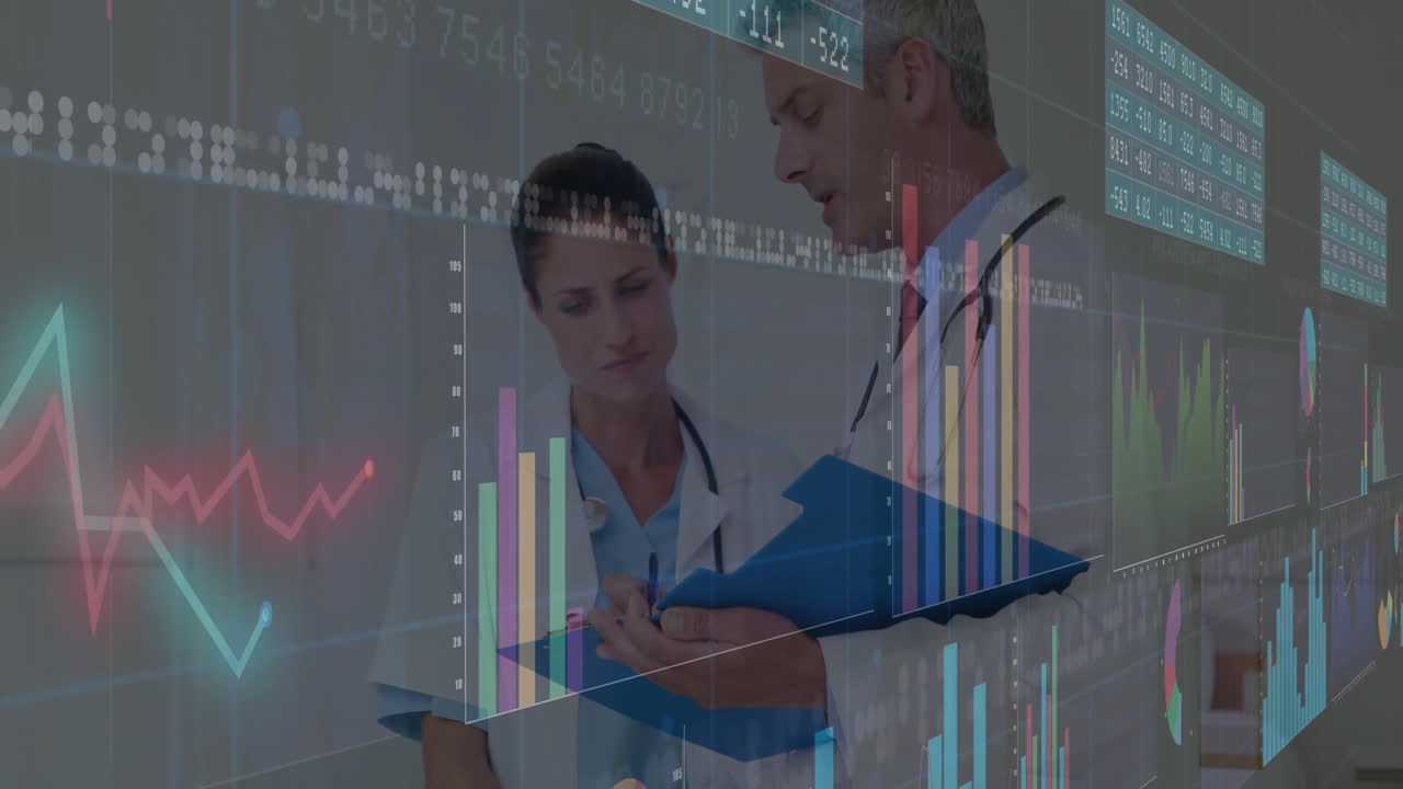 Two doctors reviewing blue clipboard in medical lab, displaying floating line graphs and bar charts