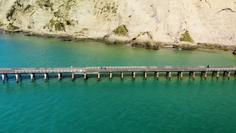 Tourist-walking-on-long-wharf-at-Tolaga-Bay,-New-Zealand---aerial-sideway