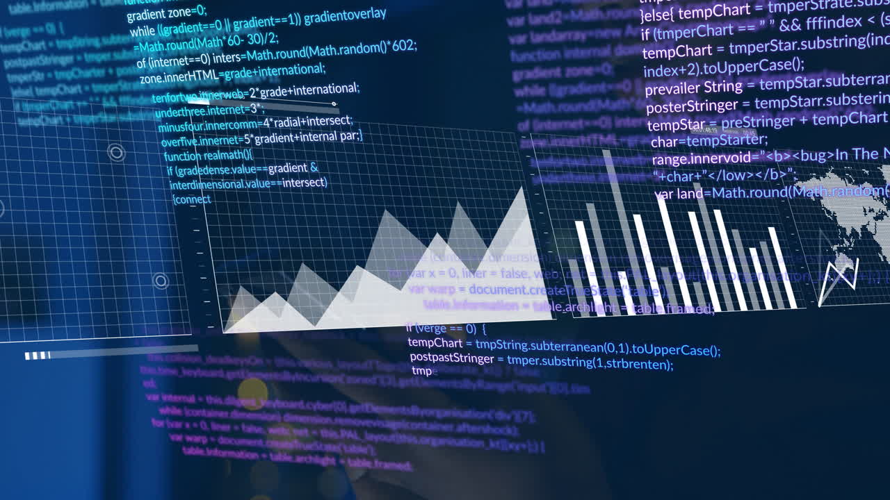 In school, child learning animation with graph and code overlay on computer screen