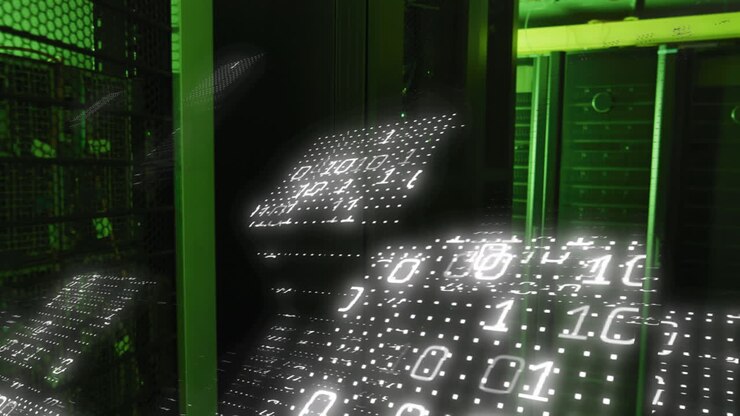 Animation of binary coding and data processing over computer servers