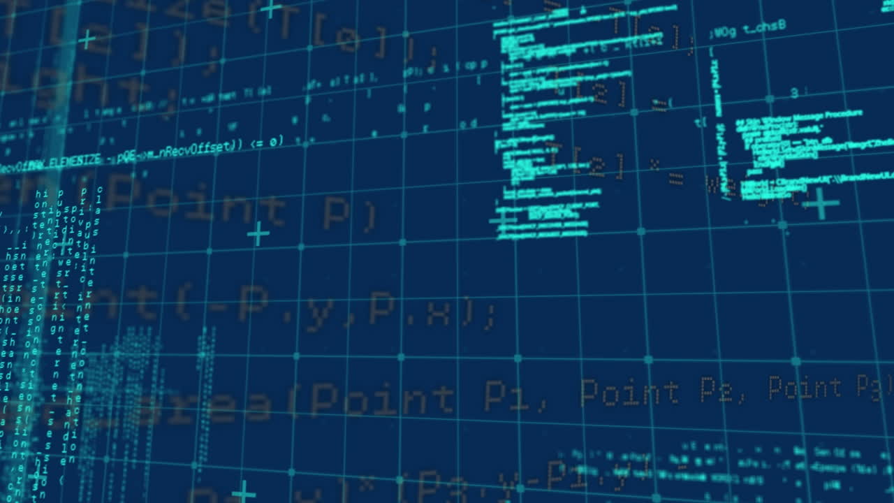 Animation of data processing over grid on blue background
