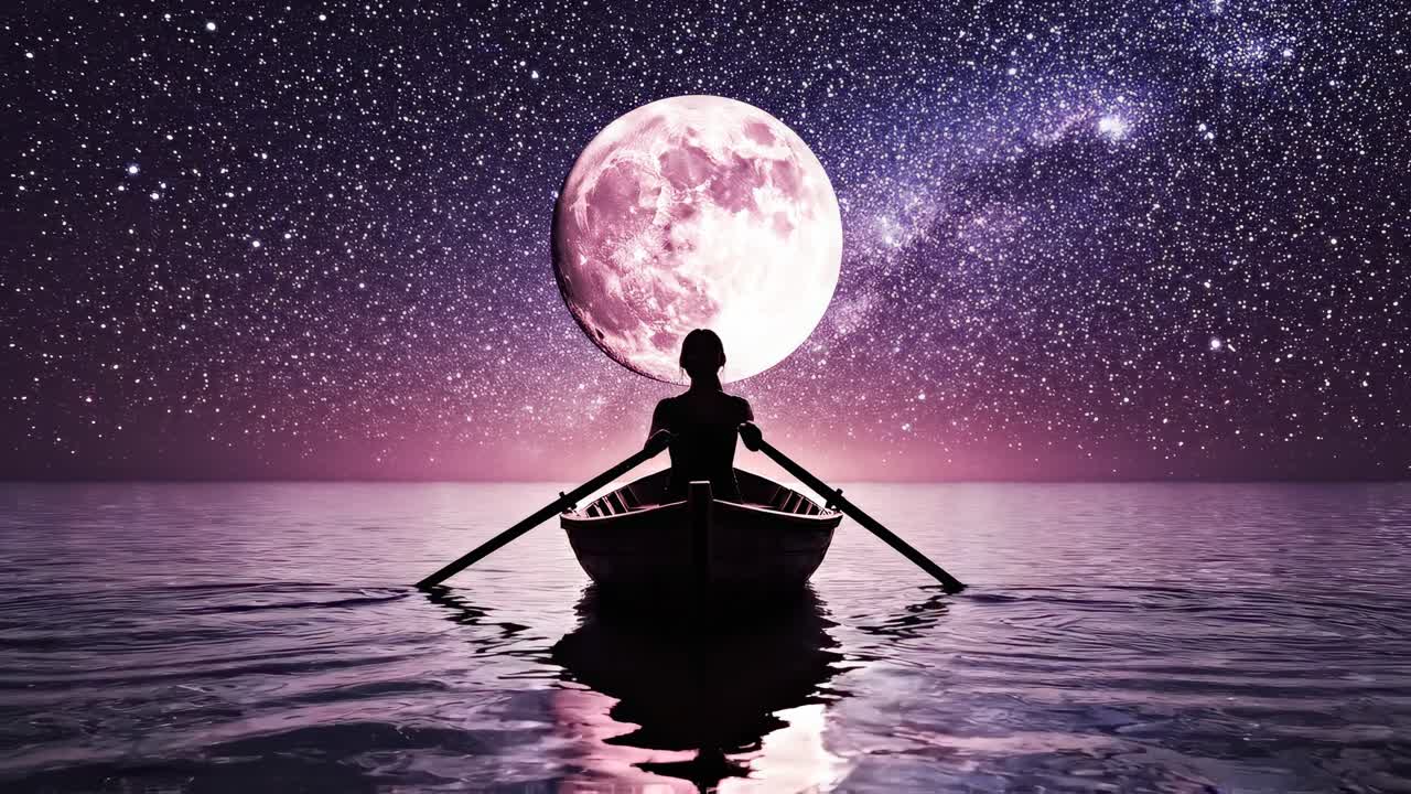 Silhouette di una persona che rema in barca sotto un cielo stellato con la luna piena, ripresa da dietro