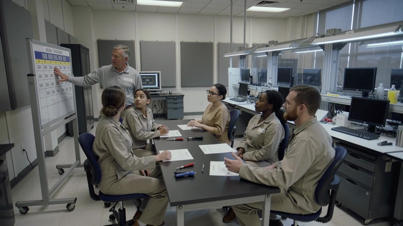 Pointing instructor guiding trainees in khaki coveralls during briefing at training lab, flip chart