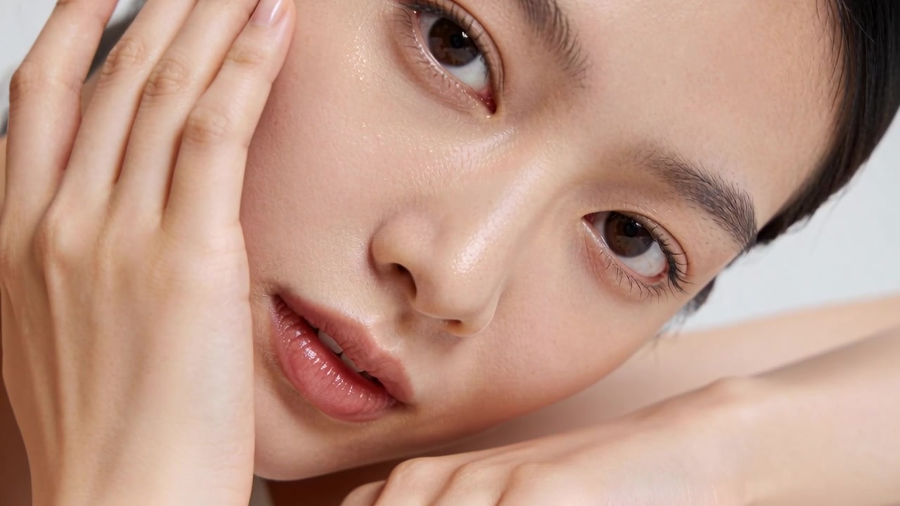 スタジオで、アジア人モデルが頬を腕に預け、視線を動かしながら潤いのある肌をアピールしている。