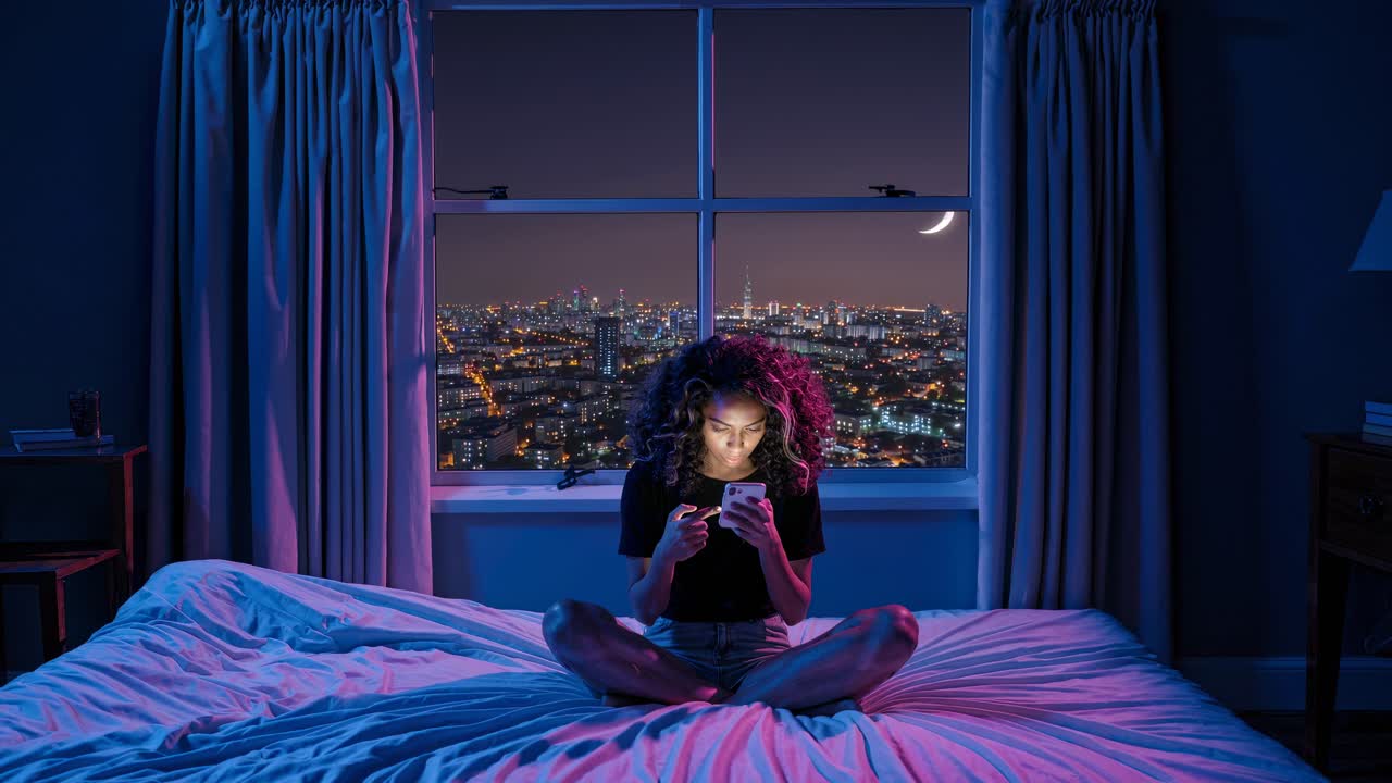 Aerial view of a woman sitting on a bed in a dimly lit room, focused on her phone, with a cityscape