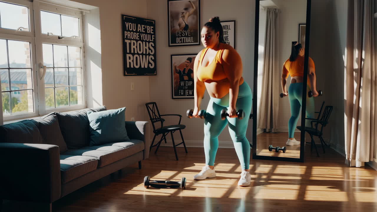 Plus-size woman exercising at home with dumbbells