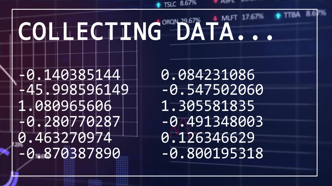 Animation of financial data processing over grid on dark background