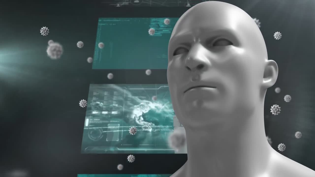 Multiple covid-19 cells floating over human face model against screens with data processing