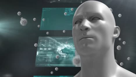 multiple covid-19 cells floating over human face model against screens with data processing