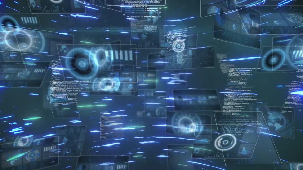 Animation of data processing with digital interfaces on black background
