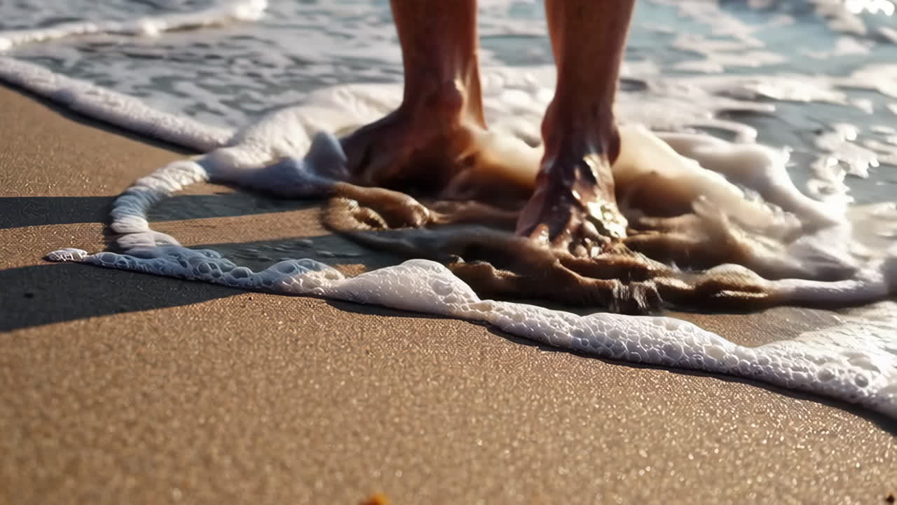 Feet on the Beach with Waves and Sea Foam