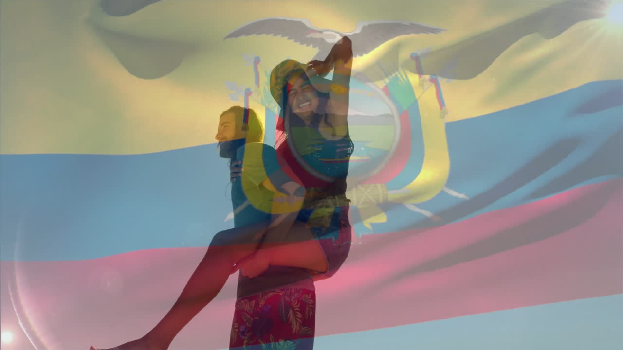 On beach, couple with Ecuador flag animation overlaying in background