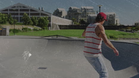 male skateboarder practicing on half-pipe at skate park, with animated speed lines for marketing