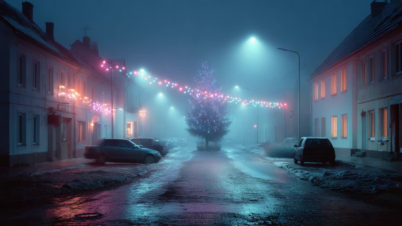 Enchanting Night Scene with Christmas Tree and Colorful Lights Illuminating a Foggy Street, Creating a Magical Winter Atmosphere in a Quiet Neighborhood