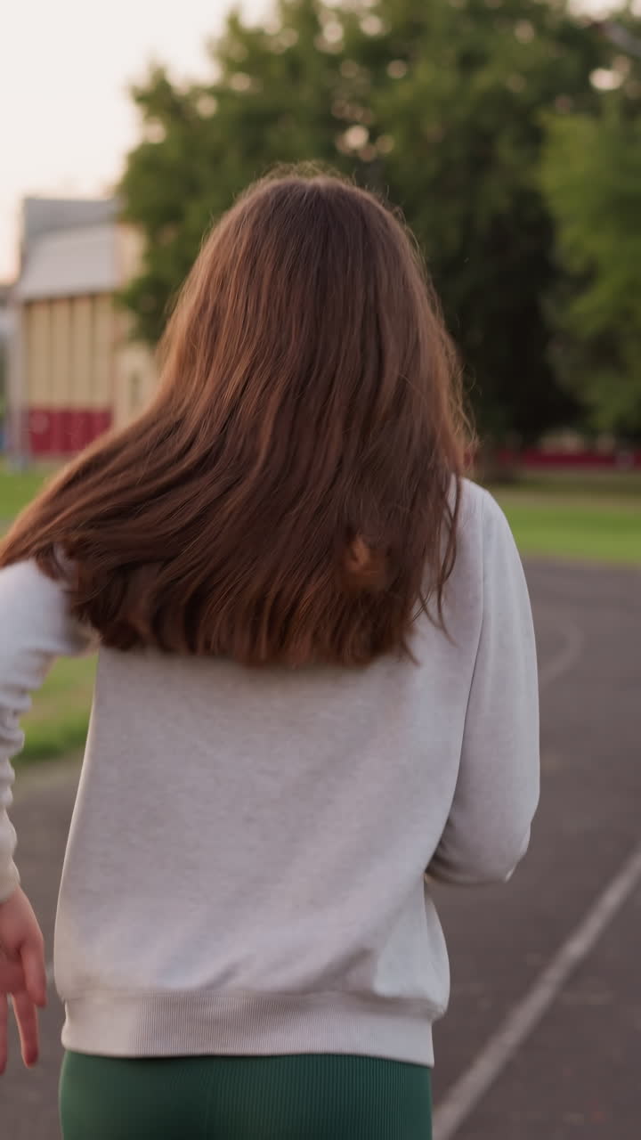 스포츠 스타디움 트랙을 따라 조하는 여성. 활동적인 취미와 해가 지는 동안 내구성을 향상시키는 여성. 여성의 좋은 혈액 순환을 위해 단독으로 심장 운동