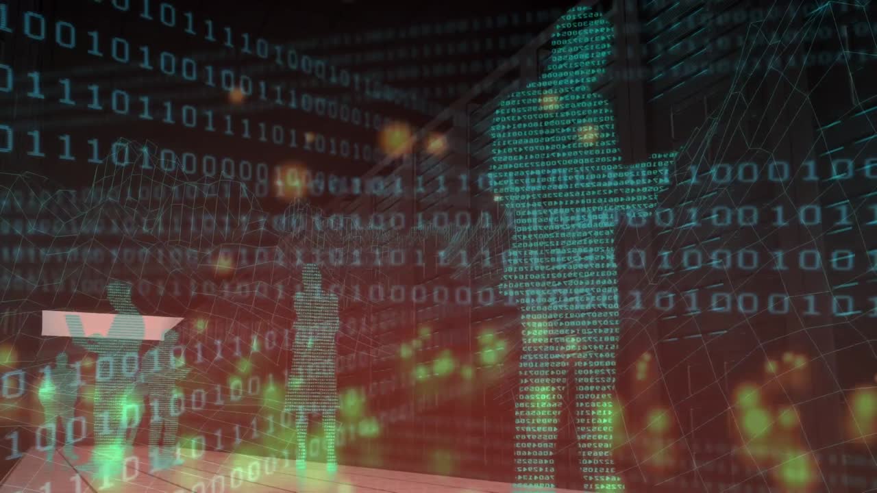 Animation of binary code, human silhouettes and lights moving over black background