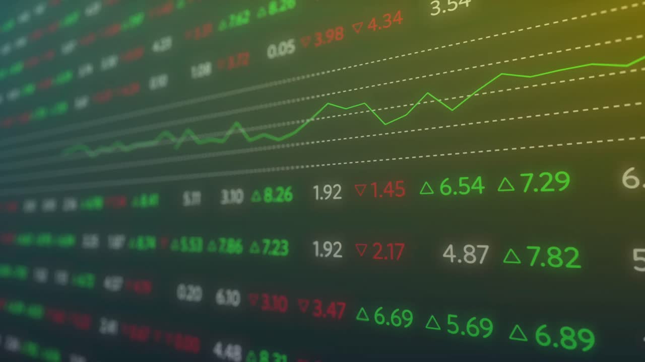 Animazione dell'elaborazione di dati finanziari su sfondo scuro