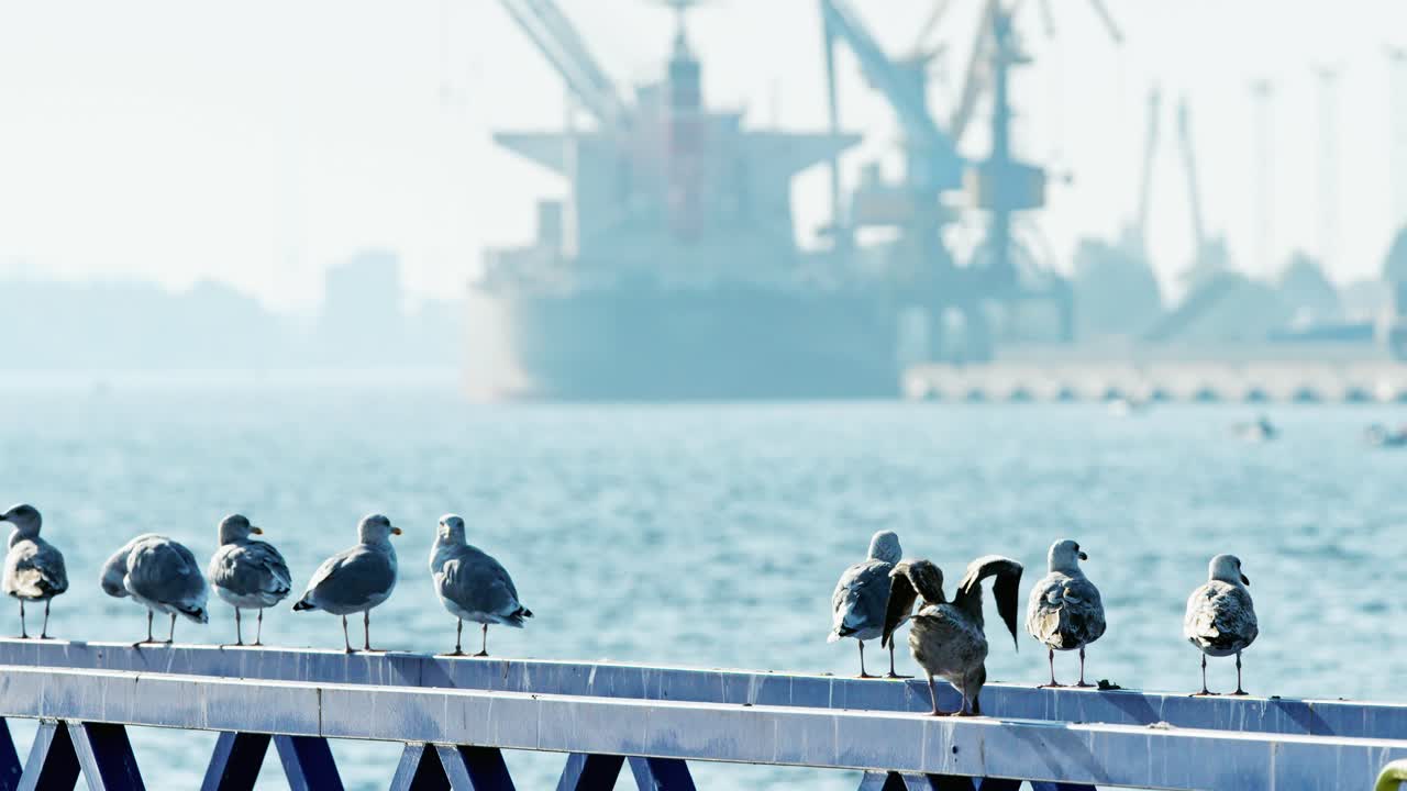 Seagulls resting quietly while slow motion captures busy harbor, soft light haze