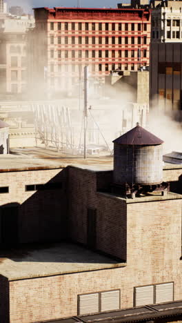 rooftop water tower in a dusty city