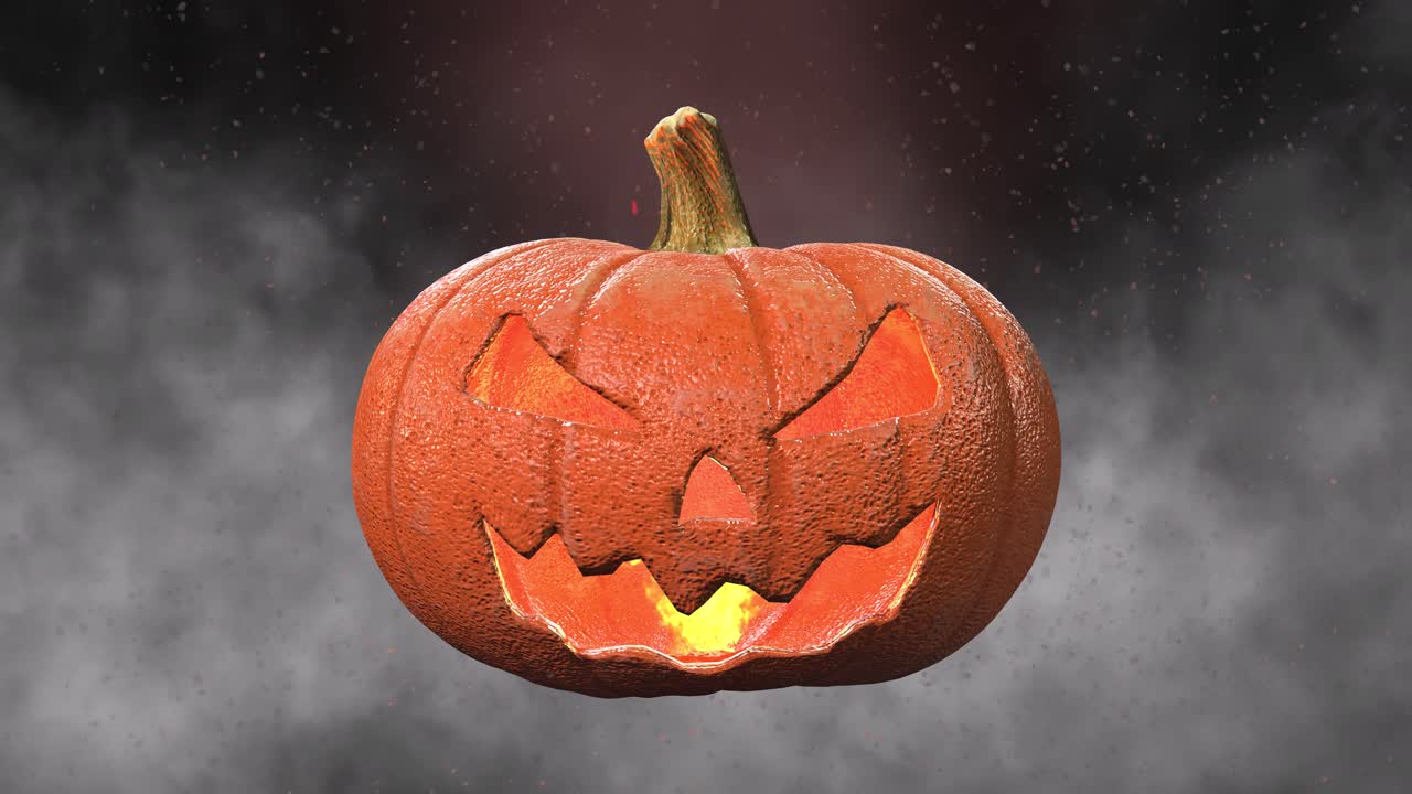 Halloween pumpkin with fire burning inside it, dust particles, and fog, on black background 3D animation close up