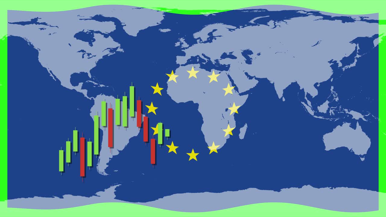 Animation of candlestick graphs over a world map with EU stars, highlighting economic trends and global finance