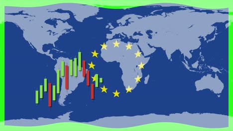 animation of candlestick graphs over a world map with eu stars, highlighting economic trends and global finance