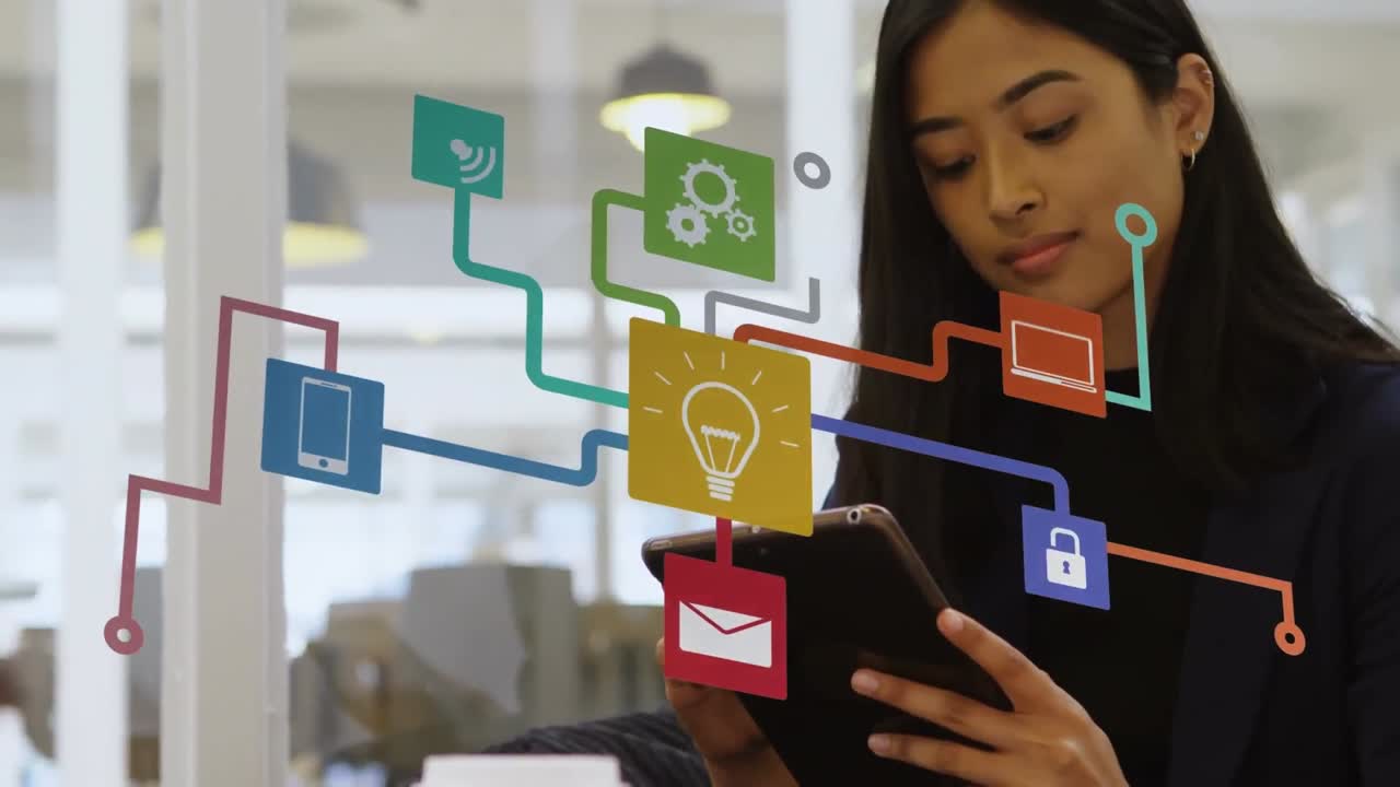 animación de una red de iconos digitales sobre una mujer de negocios biracial que usa una tableta digital en la oficina