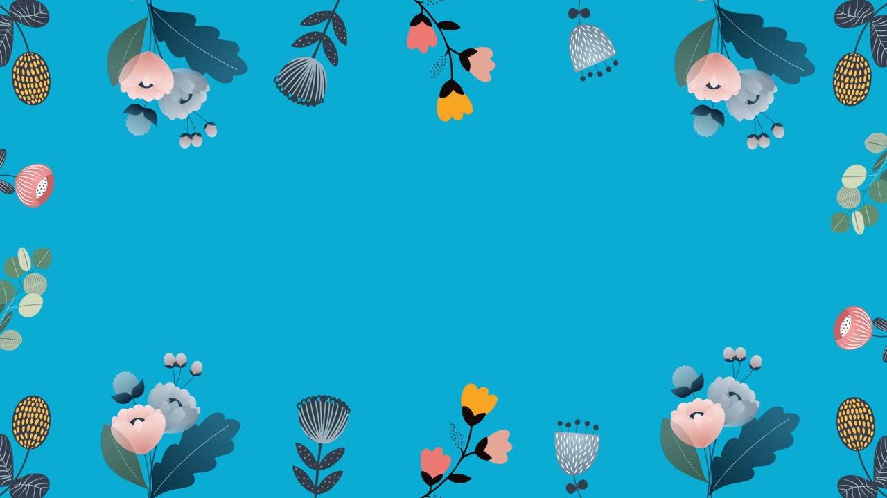 Animation of flowers moving in hypnotic motion with copy space on blue background